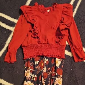 Kids Red Ruffle Top and Floral Pants Set